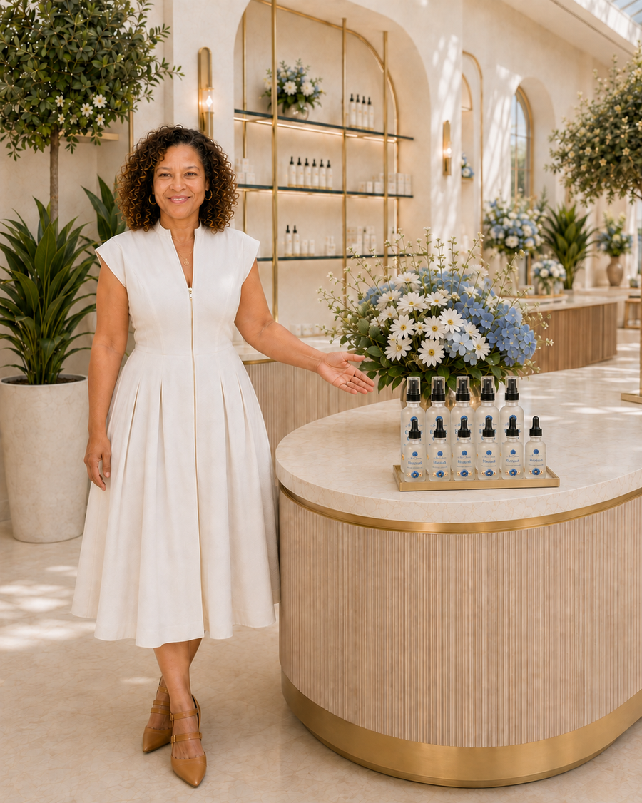 Renée in a white dress standing in a bright, plant-filled fragrance shop, one hand open in welcome toward a curved counter of flowers and bottles.