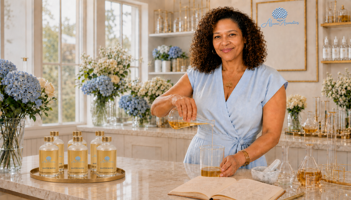 Afuna Aromatics founder Renée Afuna Kotubetey preparing aromatic master batches in a bright botanical studio.