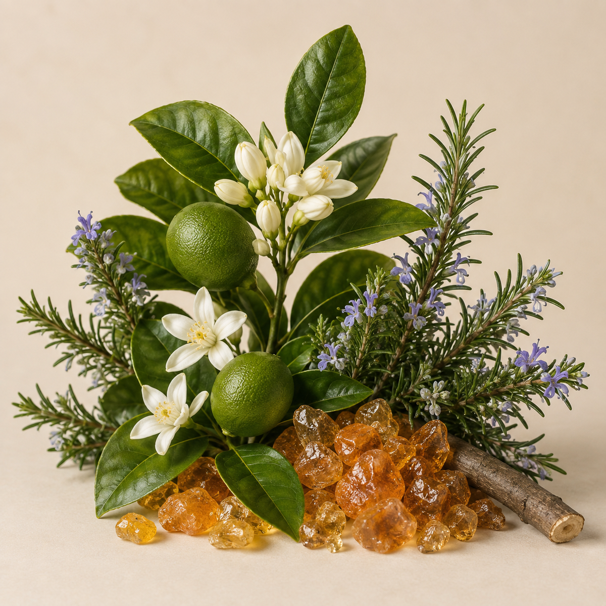 The botanicals of Crown of Clarity: Petitgrain, Rosemary, and Frankincense