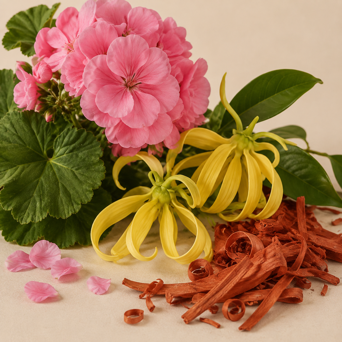 The botanicals of Evening Reign: Geranium, Ylang Ylang, and Sandalwood