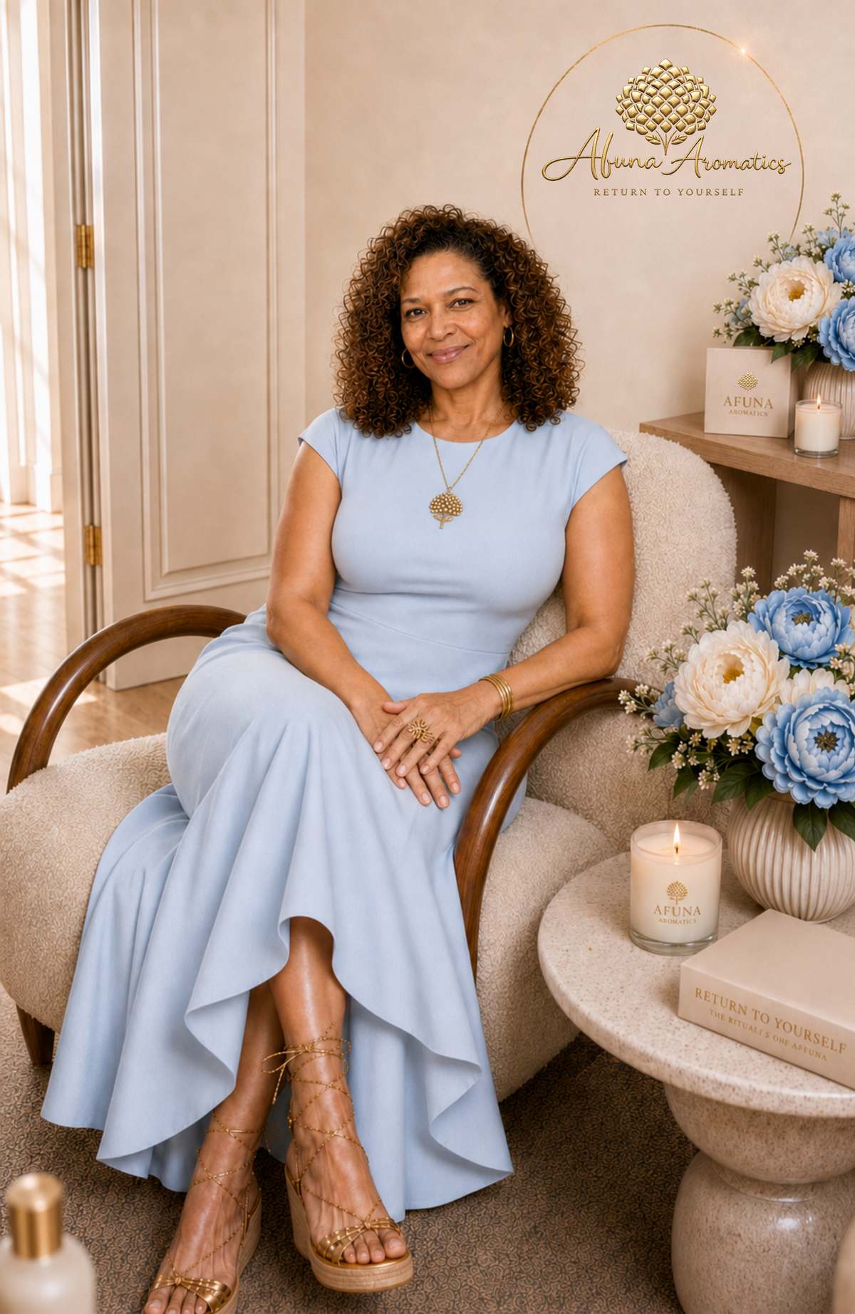 Afuna Aromatics founder Renée Afuna Kotubetey seated in a powder-blue dress in a warm cream-and-gold studio.