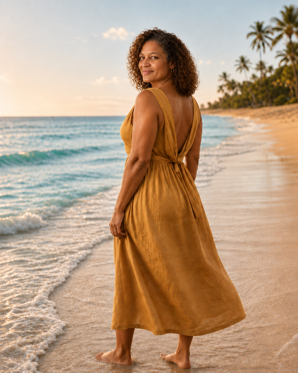 A woman in a cream and gold dress pauses on the shoreline and looks back over her shoulder.