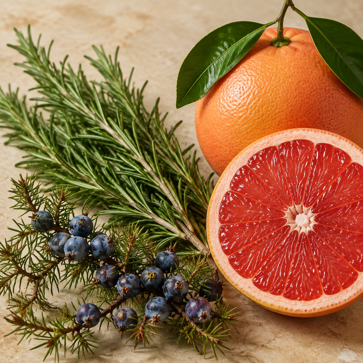 The botanicals of Rise & Reign: Grapefruit, Rosemary, and Juniper Berry