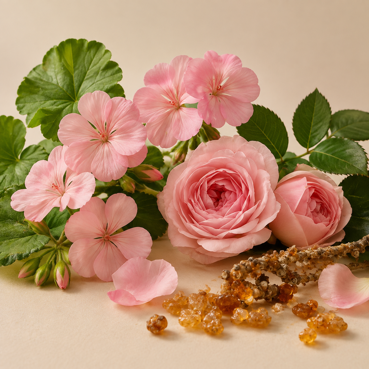 The botanicals of Sacred Balance: Geranium, Frankincense, and Rose
