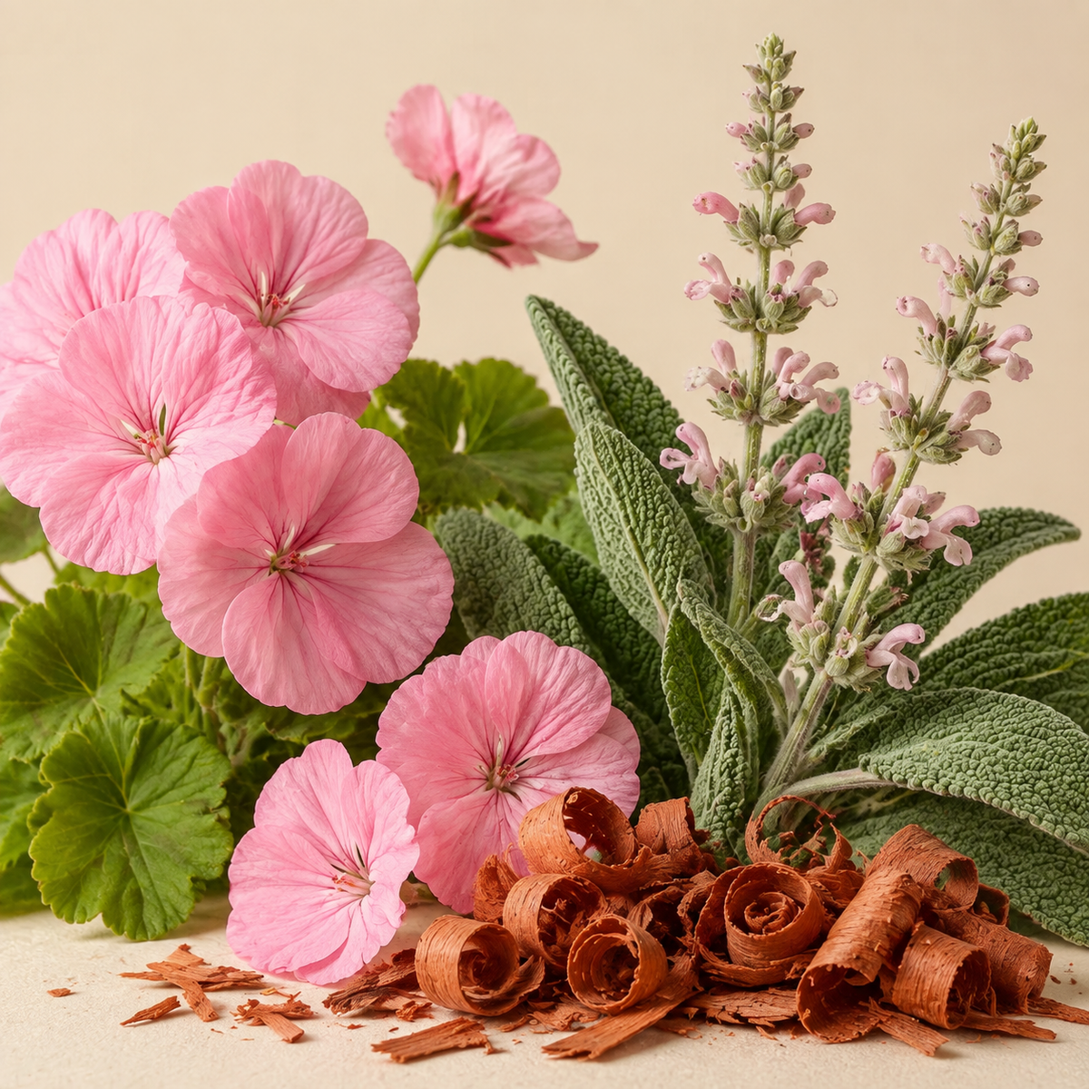 The botanicals of Sovereign: Geranium, Clary Sage, and Sandalwood