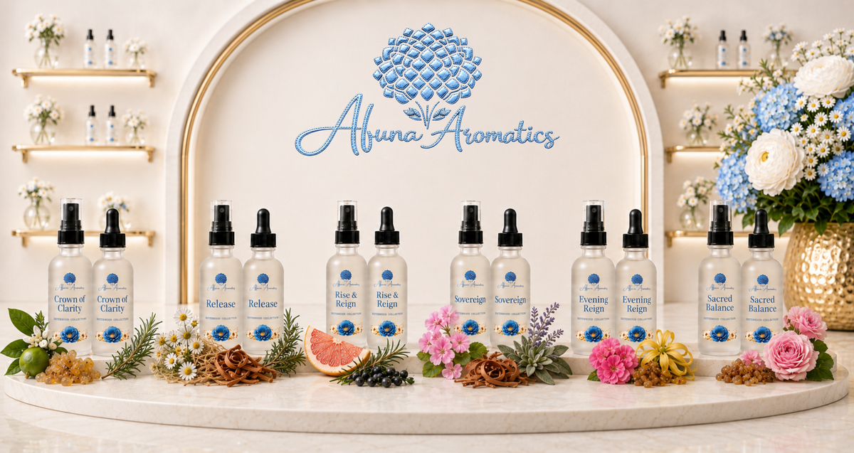 Six Afuna Aromatics Sisterhood Collection blends shown as paired Mood Mists and Body Oils with their signature botanicals.