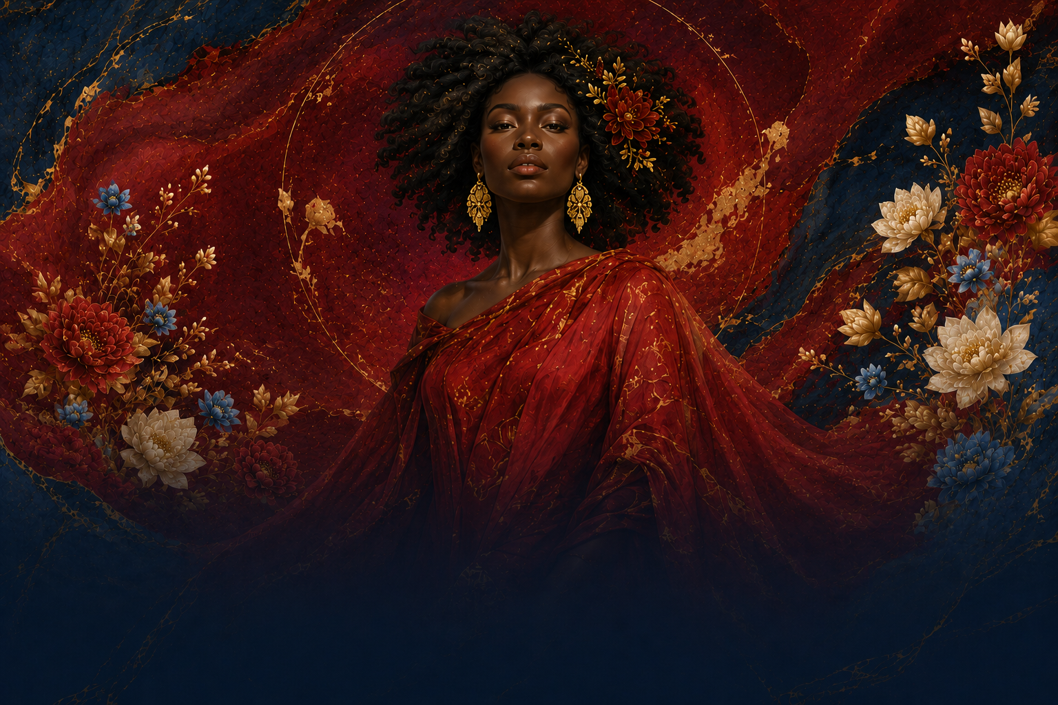 Reign — a woman in deep red, standing tall.