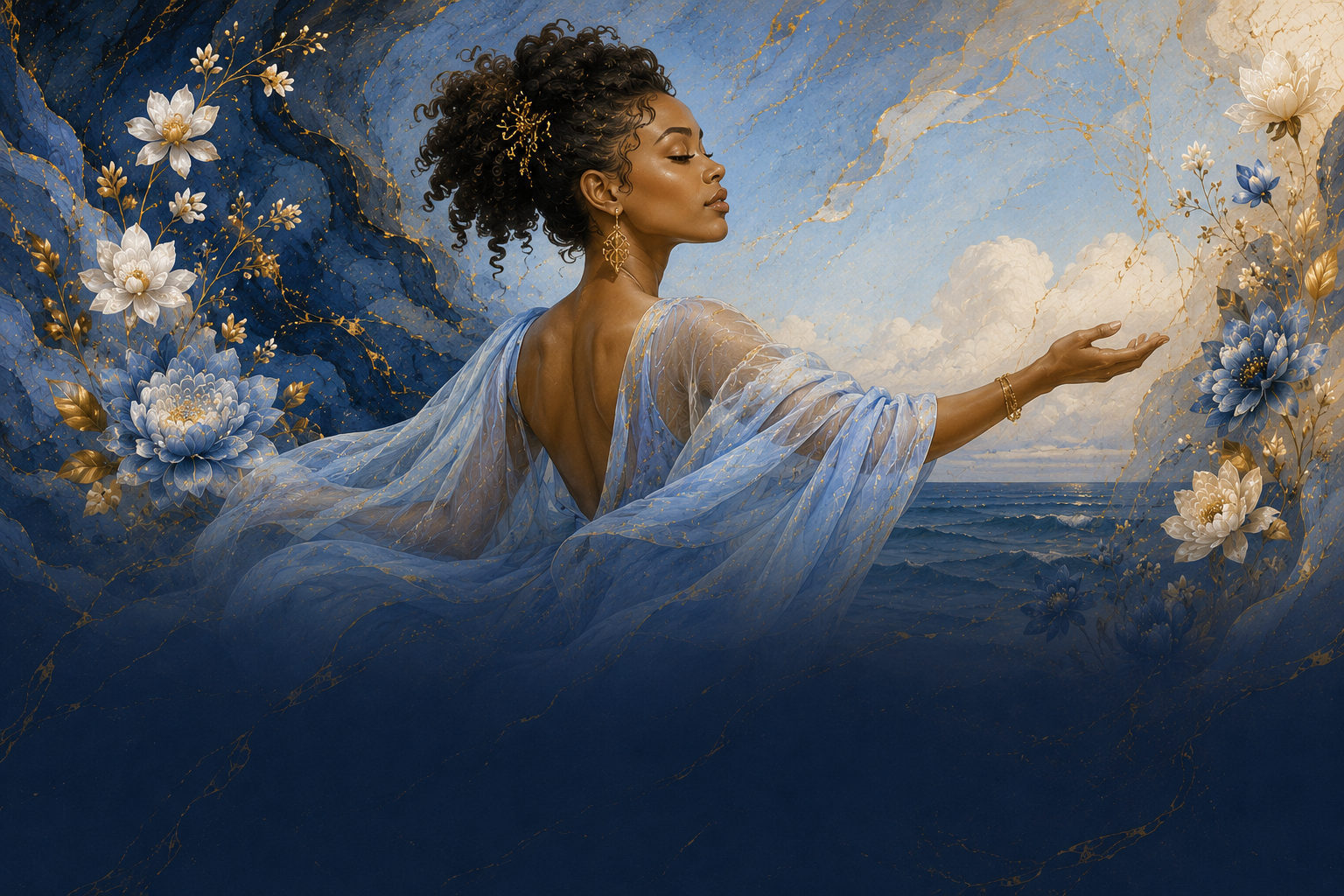 Release — a woman in pale blue reaching toward the sea.