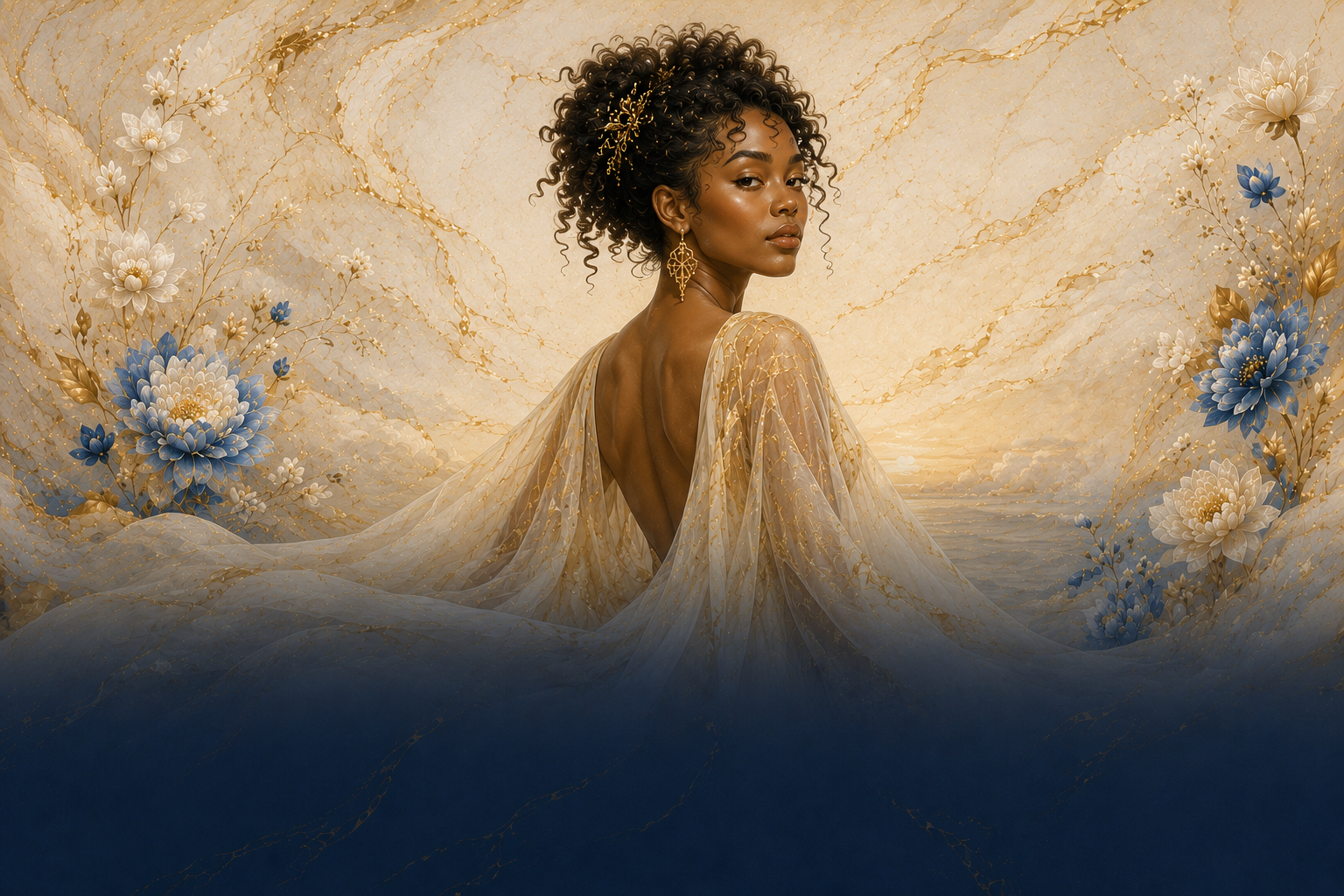 Remember — a woman in cream and gold, at rest.