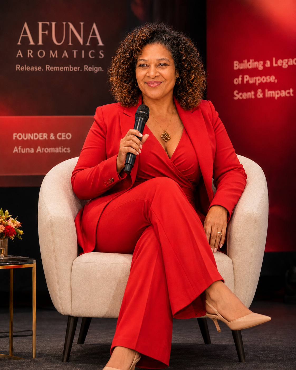 Renée, founder of Afuna Aromatics, standing in a tailored red suit.