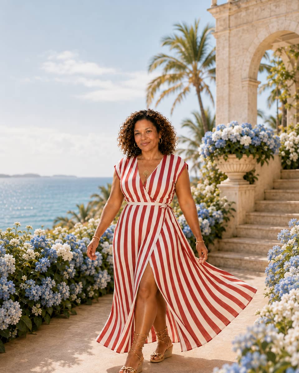 A woman in a red and white striped dress walks forward on an oceanfront patio framed by columns and flowering hydrangea.