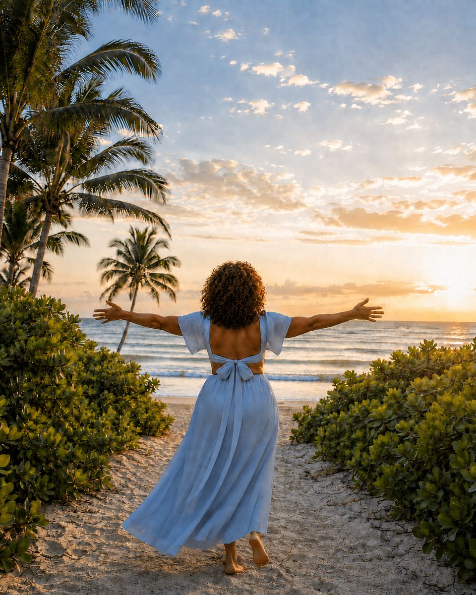A woman in a pale blue dress stands on a sunlit beach path at sunset, arms outstretched toward the ocean.