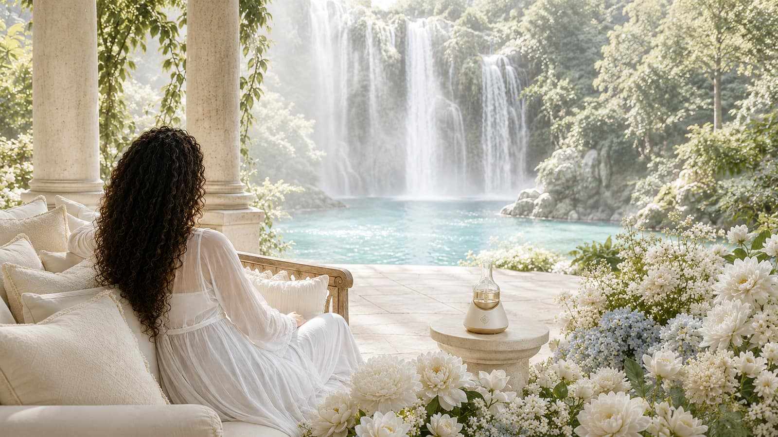A bright waterfall veranda with a seated figure, columns, and white florals.