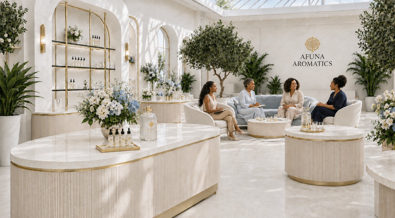 Four women in conversation inside a bright, plant-filled Afuna Aromatics fragrance shop.